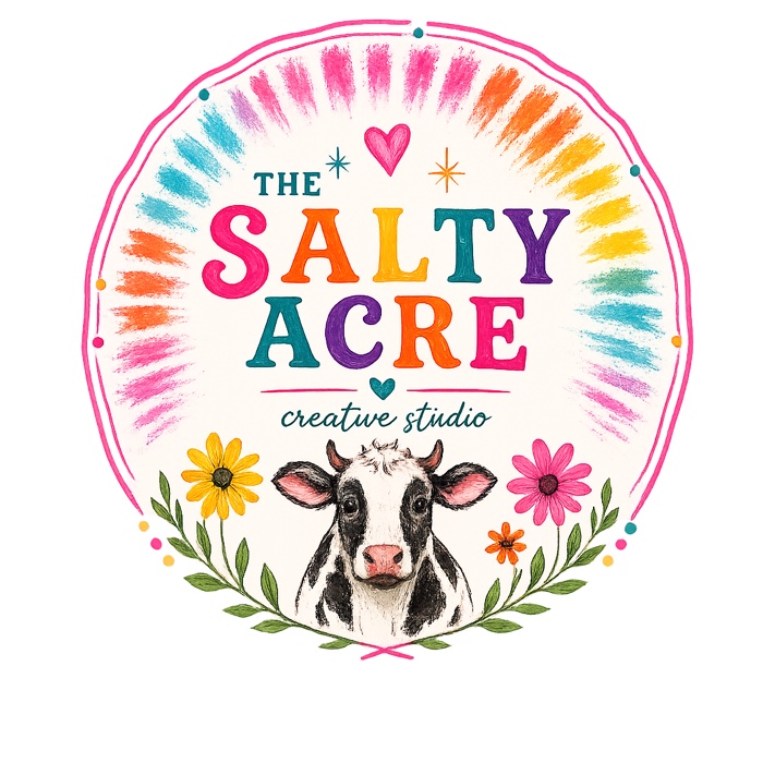 The Salty Acre creative studio logo featuring a cow and colorful flowers